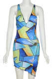 Green Sexy Print Patchwork V Neck Pencil Skirt Dresses