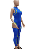 Blue Sexy Solid Hollowed Out Patchwork Mesh Half A Turtleneck Skinny Jumpsuits