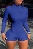 Red Fashion Casual Solid Basic Zipper Collar Long Sleeve Skinny Romper
