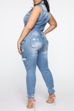 Baby Blue Fashion Casual Solid Ripped Turndown Collar Skinny Jumpsuits
