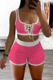 Deep Pink Sexy Casual Solid Bandage U Neck Sleeveless Two Pieces