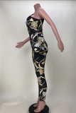 Black Fashion Sexy Print Hollowed Out Backless One Shoulder Skinny Jumpsuits
