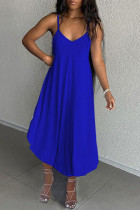 Blue Casual Solid Backless Spaghetti Strap Asymmetrical Dresses
