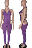 Rose Red Sexy Solid Hollowed Out Patchwork Frenulum Backless Halter Skinny Jumpsuits