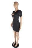 Black Sexy Casual Solid Hollowed Out O Neck Short Sleeve Dress