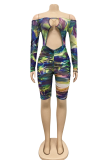 Blue Sexy Print Hollowed Out Off the Shoulder Skinny Rompers