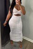 White Sexy Solid Hollowed Out Backless Slit Fold Halter Sleeveless Dress