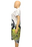 White Casual Print Patchwork Turndown Collar Shirt Dress Dresses