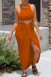 Yellow Fashion Casual Solid Asymmetrical O Neck Sleeveless Two Pieces