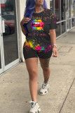 White Fashion Casual Lips Printed Basic O Neck Short Sleeve Two Pieces
