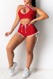 Red Sexy Casual Solid Hollowed Out V Neck Sleeveless Two Pieces