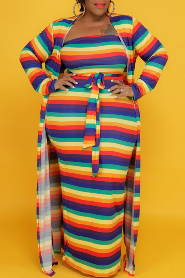 Rainbow Color Casual Striped Print Patchwork Strapless Long Sleeve Two Pieces