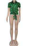 Green Casual Dot Patchwork Turndown Collar Tops