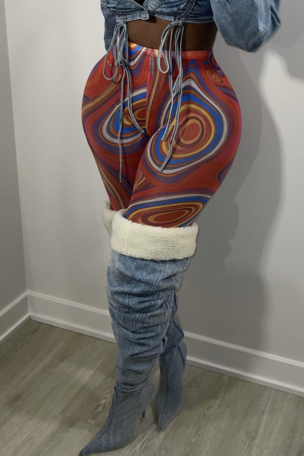 Blue Red Sexy Print Mesh Skinny Mid Waist Pencil Full Print Bottoms