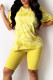 Yellow Fashion Casual Print Basic O Neck Short Sleeve Two Pieces