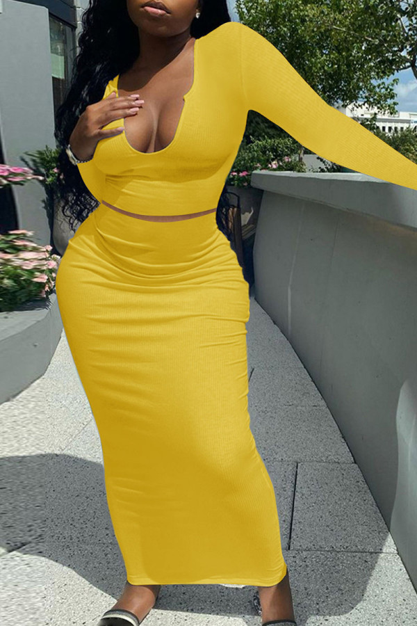 Yellow Sexy Solid Patchwork V Neck Long Sleeve Two Pieces