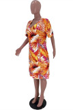 Orange Yellow Fashion Casual Print Basic V Neck Short Sleeve Dress