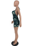 Blue Black Fashion Sexy Print Backless Sleeveless Dress