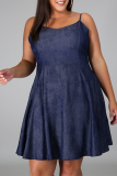 Deep Blue Sexy Solid Draw String Spaghetti Strap Cake Skirt Dresses