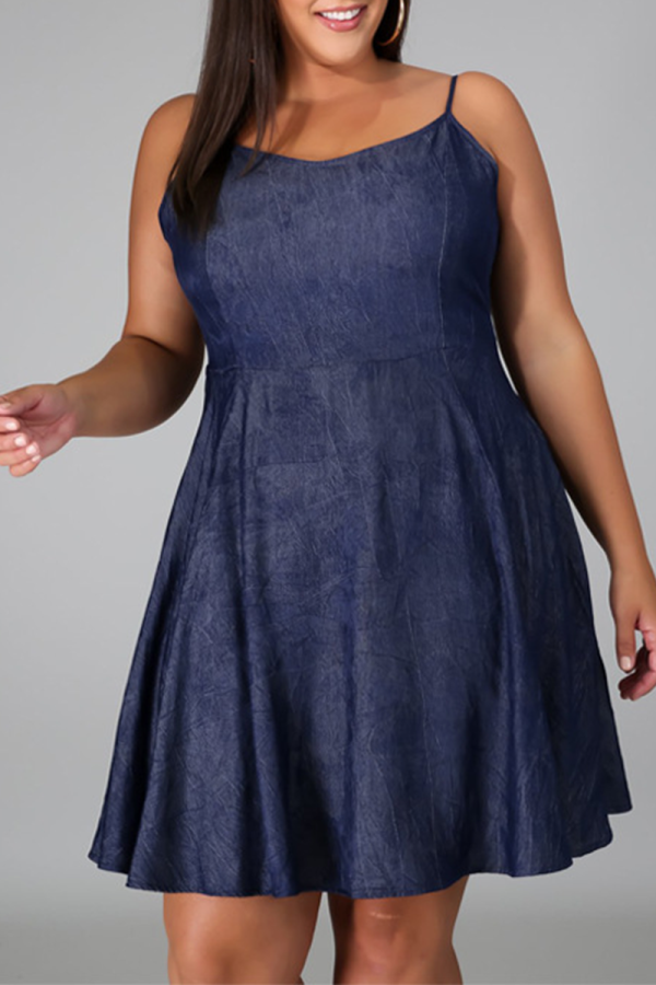Deep Blue Sexy Solid Draw String Spaghetti Strap Cake Skirt Dresses