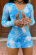 Blue Sexy Print Patchwork Frenulum V Neck Long Sleeve Two Pieces