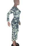Blue Casual Camouflage Print Bandage Split Joint O Neck Pencil Skirt Dresses