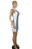 Blue White Fashion Sexy Patchwork Hollowed Out Turtleneck Sleeveless Dress