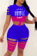 Peacock Blue Fashion Casual Letter Print Ripped Patchwork O Neck Short Sleeve Two Pieces
