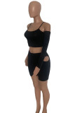 Black Sexy Casual Solid Hollowed Out Backless One Shoulder Sleeveless Two Pieces