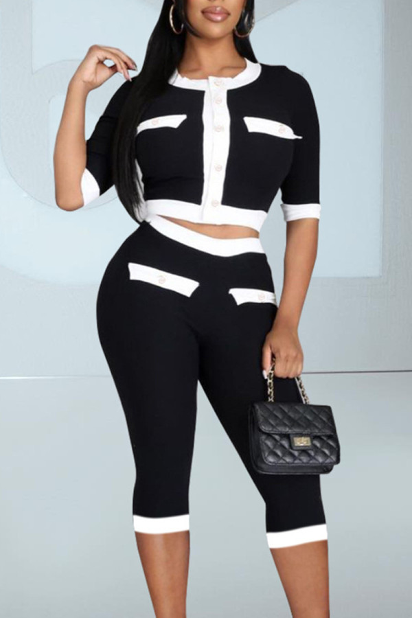 Black White Fashion Casual Patchwork Basic O Neck Half Sleeve Two Pieces