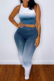 Blue Casual Sportswear Gradual Change Print Vests Pants O Neck Sleeveless Two Pieces