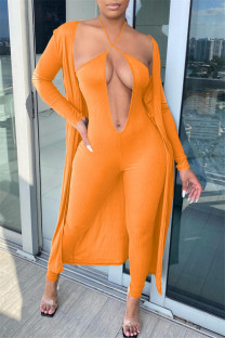 Orange Fashion Sexy Solid Cardigan V Neck Long Sleeve Two Pieces