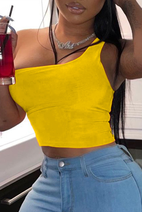 Yellow Sexy Casual Solid Backless One Shoulder Tops