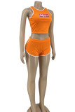 Tangerine Red Casual Print Patchwork O Neck Sleeveless Two Pieces
