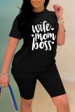 Blue Fashion Casual Letter Print Basic O Neck Short Sleeve Two Pieces