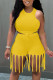 Yellow Solid Tassel Patchwork O Neck Sleeveless Two Pieces