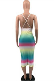 Rainbow Color Fashion Sexy Print Backless Spaghetti Strap Sleeveless Dress