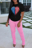 Black Fashion Casual Print Basic O Neck T-Shirts