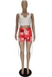 Red Sexy Print Ripped Contrast Spaghetti Strap Sleeveless Two Pieces
