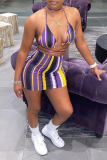 Purple Sexy Print Patchwork Spaghetti Strap Sleeveless Two Pieces