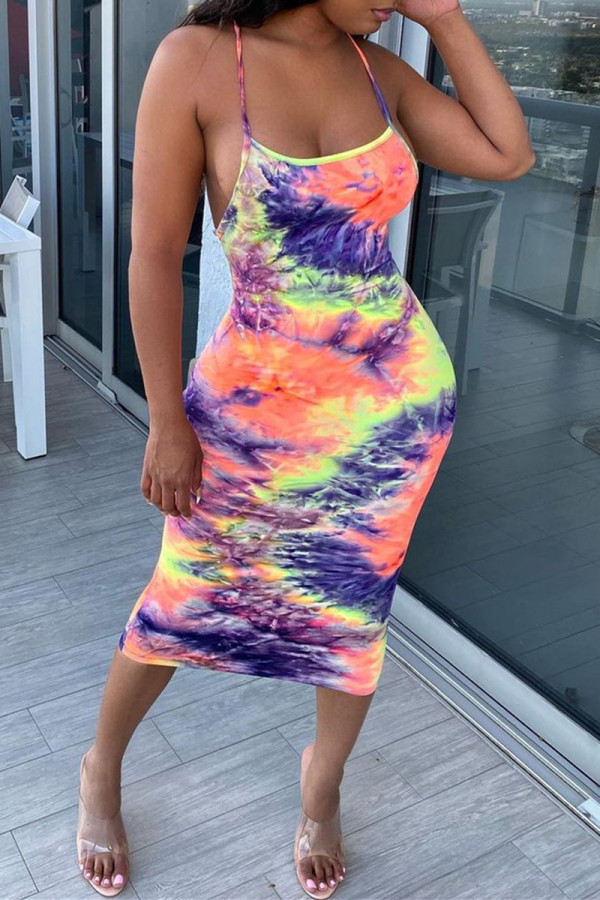 Colour Fashion Sexy Print Basic U Neck Sling Dress