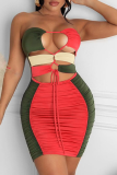 Red Sexy Color Block Hollowed Out Strapless Pencil Skirt Dresses