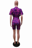 Colour Casual Print Patchwork O Neck Short Sleeve Two Pieces
