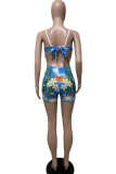 Blue Sexy Print Hollowed Out Halter Skinny Rompers