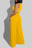 Yellow Fashion Casual Solid Hollowed Out O Neck Sleeveless Two Pieces