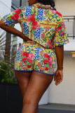 Pink Fashion Casual Print Basic Turndown Collar Short Sleeve Two Pieces