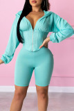 Ink Green Casual Solid Patchwork Hooded Collar Long Sleeve Two Pieces