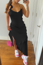 Black Sexy Solid Flounce Spaghetti Strap Irregular Dress Dresses