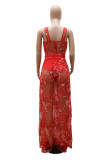 Red Fashion Sexy Patchwork See-through Backless Spaghetti Strap Sleeveless Two Pieces