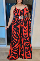 Red Casual Print Split Joint Backless Spaghetti Strap Loose Jumpsuits